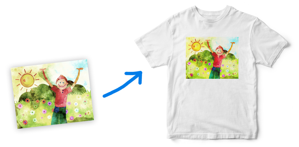 A child’s painting turned into a print on a white t-shirt
